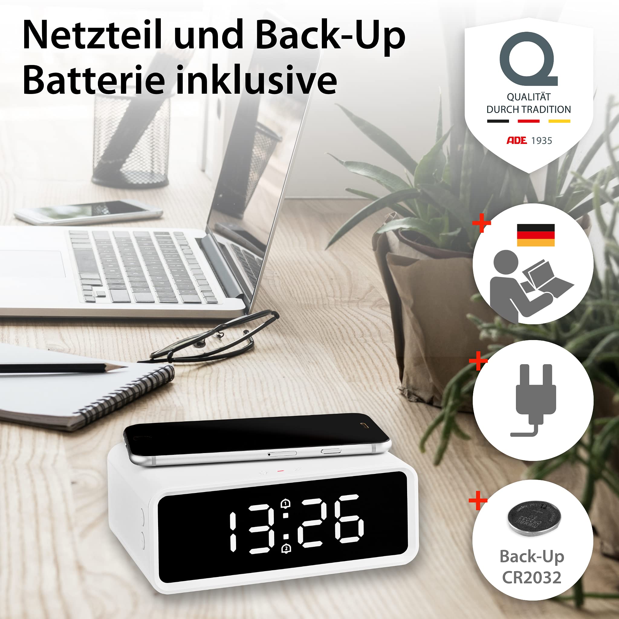 ADE CK2010 digitaler Wecker, kabelloses induktives Laden QI Smartphone 10W, mit Ladestation Wireless Charger, Dual-Alarm, Uhrzeit, Temperaturanzeige, LCD Display, Nachttisch Uhr