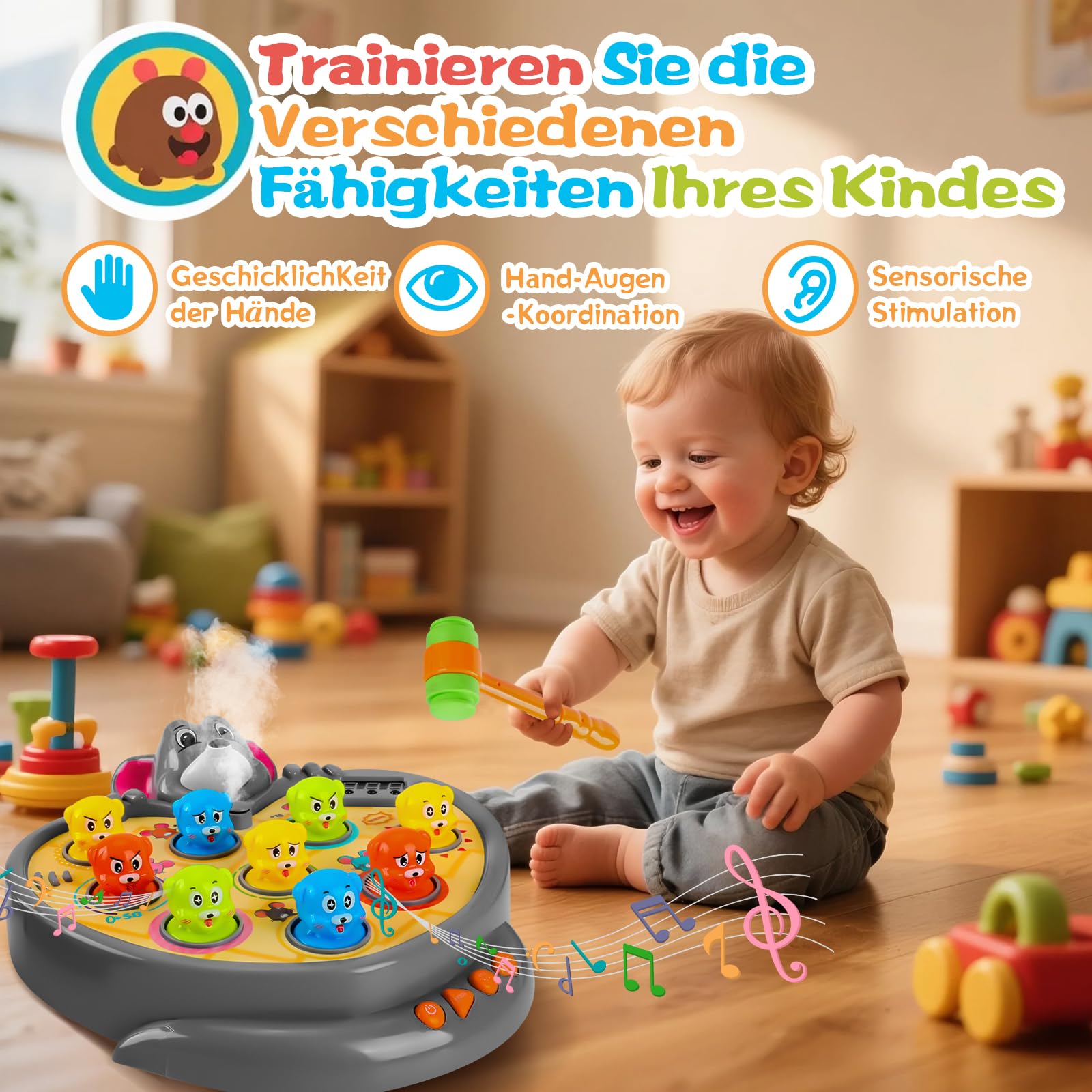 YOOHBERRYS Whack Spiel, Schlag den Maulwurf, Hammer Spiel mit 5 Spielmodi, 9 Musik, 2 Hämmern, Montessori Lernspielzeug Spielzeug für Kleinkinder und Kinder ab 3 4 5 6 Jahren
