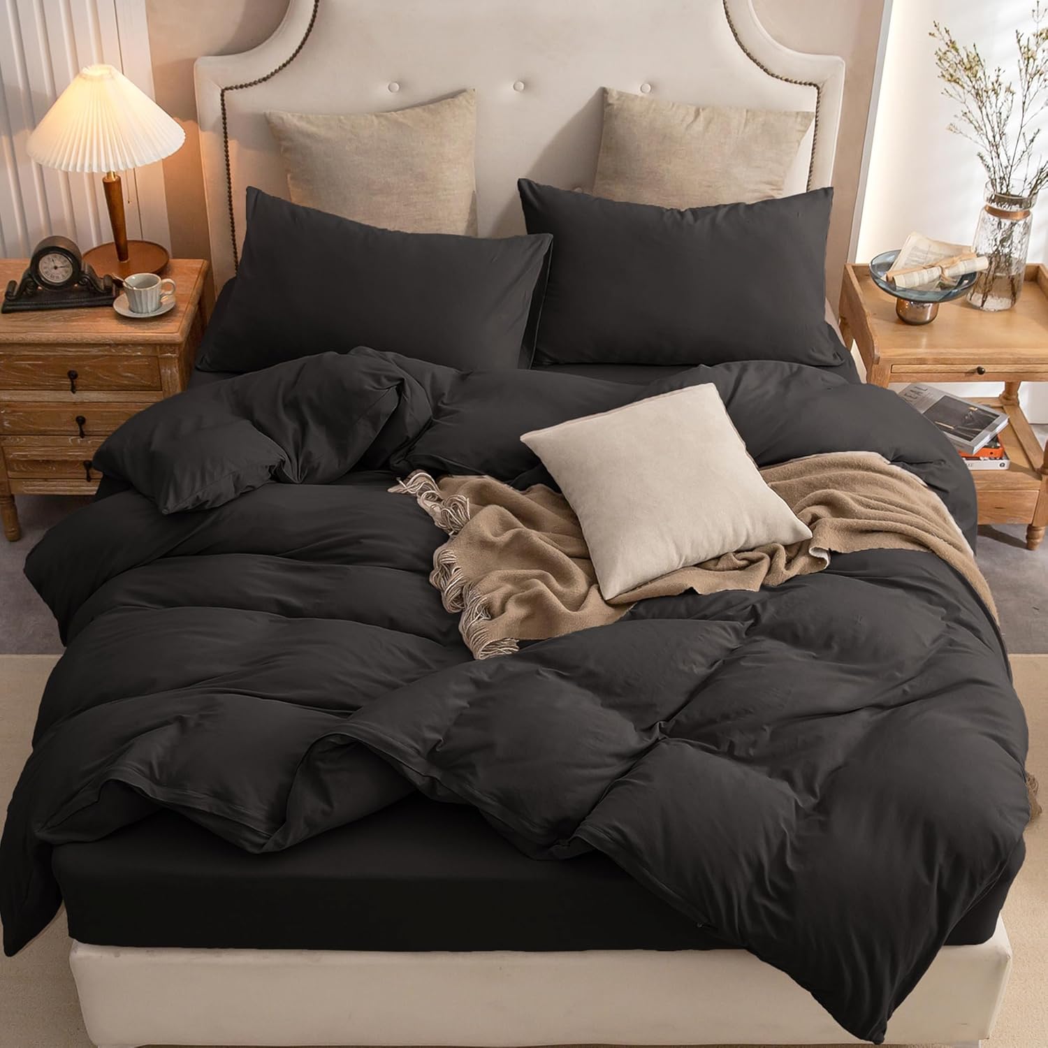 PURE ERA Jersey Knit Duvet Cover Set 100% T-Shirt Cotton Super Soft Comfy 3pc Bedding Set with Zipper Closure (Solid Black, Oversized King)