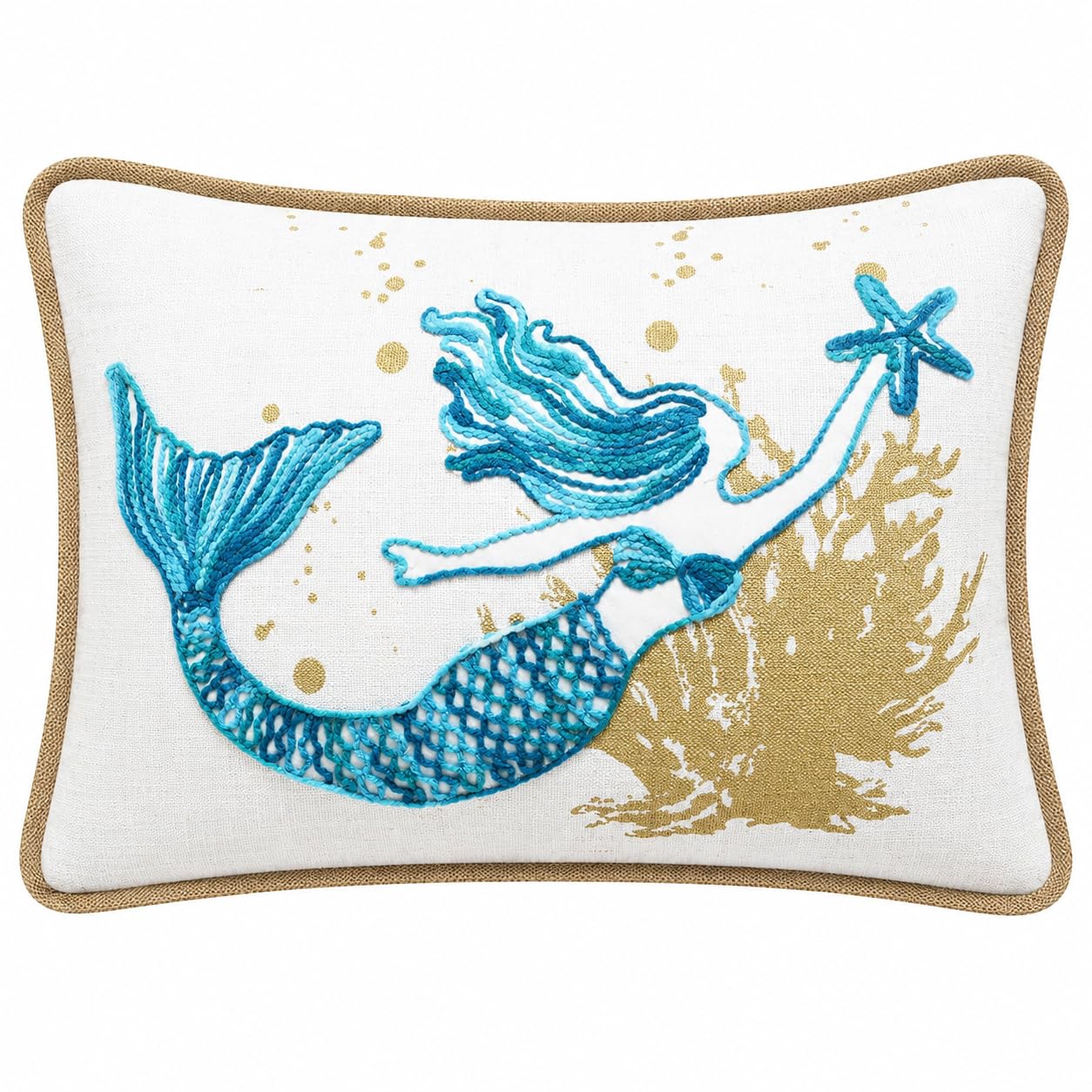 Comfy Hour Almohada de sirena de 18 x 13 pulgadas, decoración costera de estrella de mar | Estrella de mar, poliéster bordado azul azulado y dorado, decoración náutica para sofá, cama, sofá, oficina