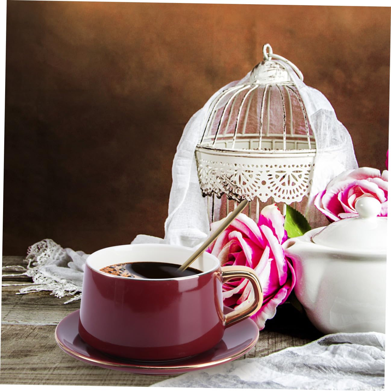 Juego de Taza y Plato de Café de Cerámica 250ml Rojo 2 Piezas
