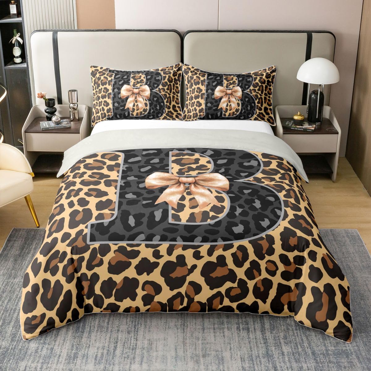 Housse de couette 220x240 en coton imprimé nœud guépard gris personnalisable avec la lettre B