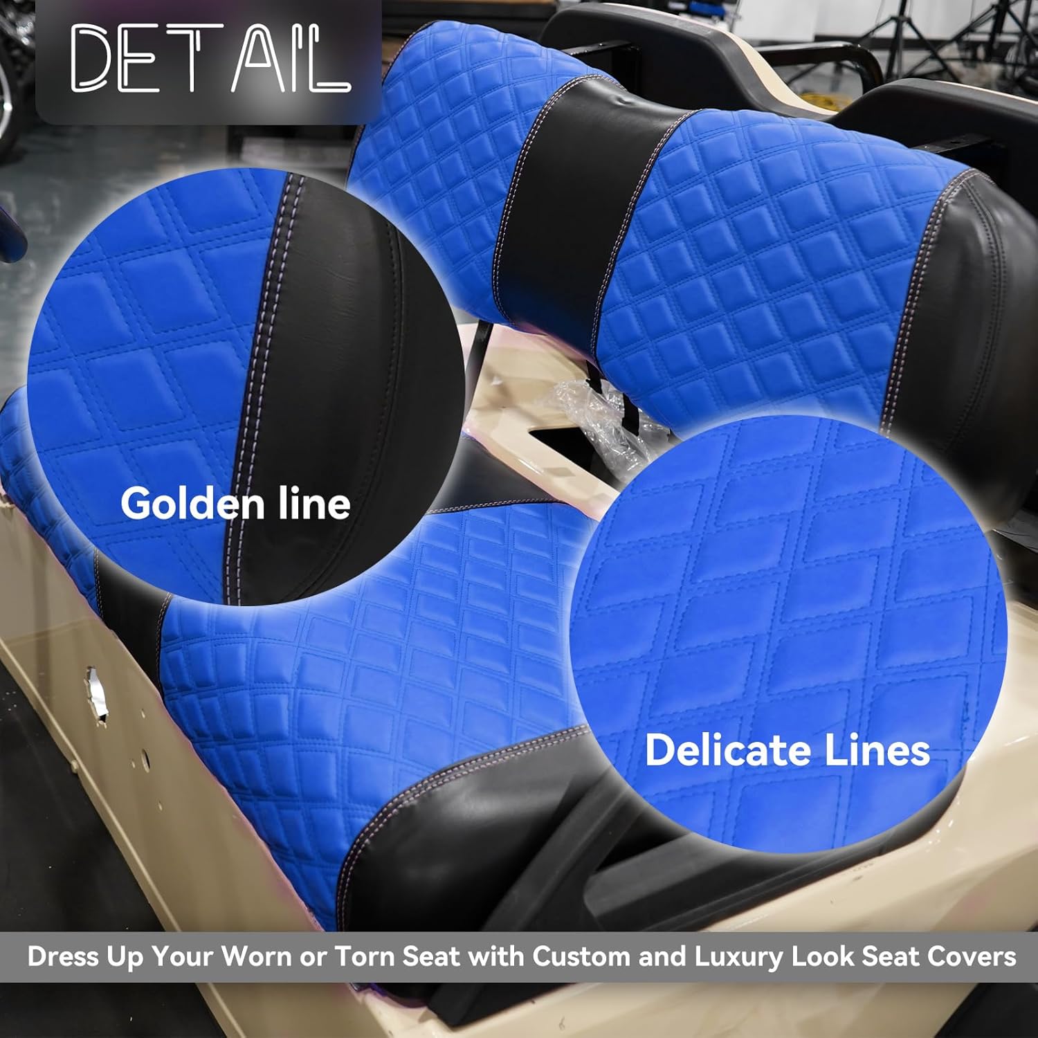 Golf Cart Front and Rear Seat Covers Waterproof and Sun Resistant Marine Grade Vinyl Leather Seat Cover Accessories for Club Car DS 2000.5-up,Blue(4PCS)