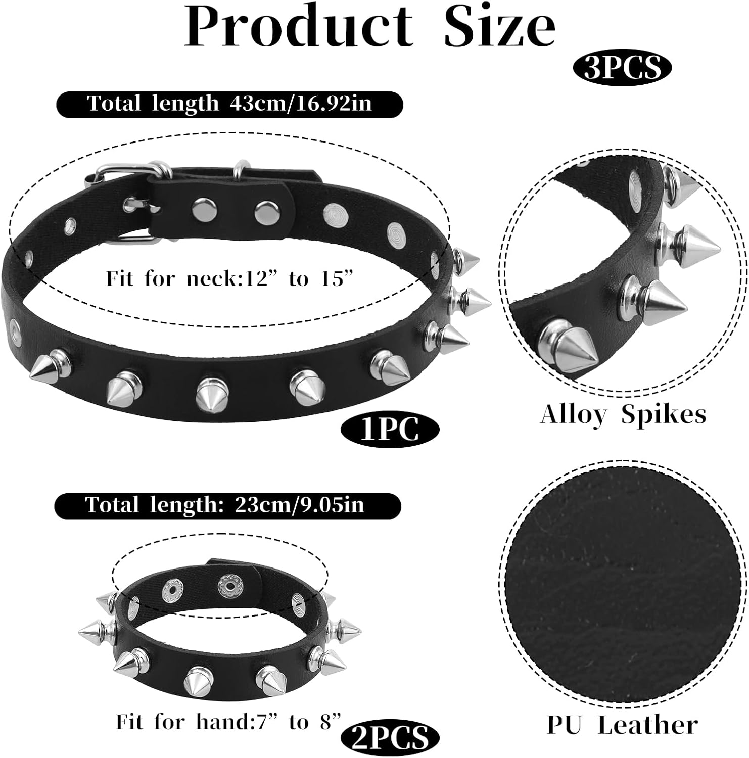 3 Pieces Leather Choker Collar and Bracelets Combo Punk Rock Gothic Jewelry Set, Punk Accessories, Emo Costume Accessories for 80s and 90s Vintage Women Men - Image 2