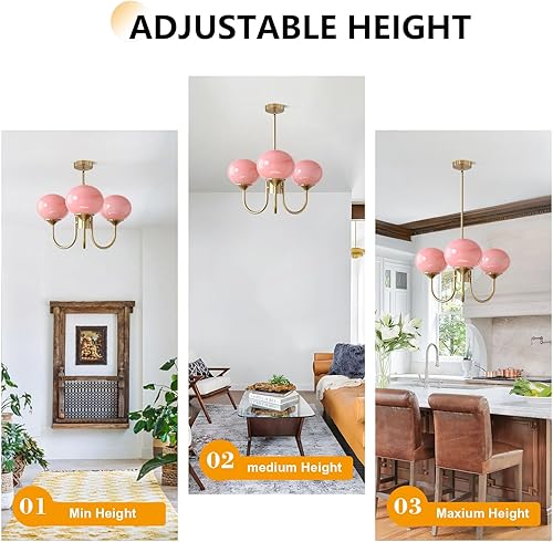 Miniatura 4 de BOKT Candelabro Sputnik moderno de color rosa cepillado con globo dorado Sputnik, 3 luces colgantes de cristal de mediados de siglo, altura