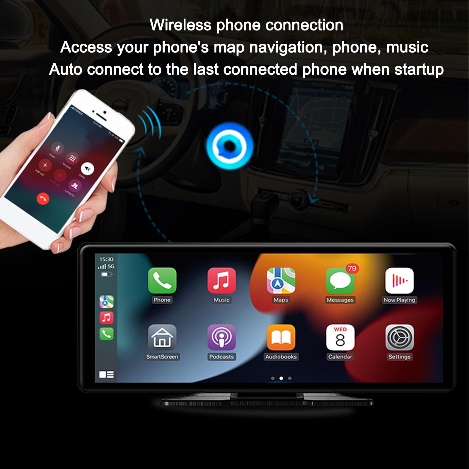 Ekran Carplay do Samochodu, Przenośne Sterowanie Głosowe Stereo Nawigacja GPS AUX FM 10,26-calowy Ekran Dotykowy Radio Samochodowe do Carplay dla Auto