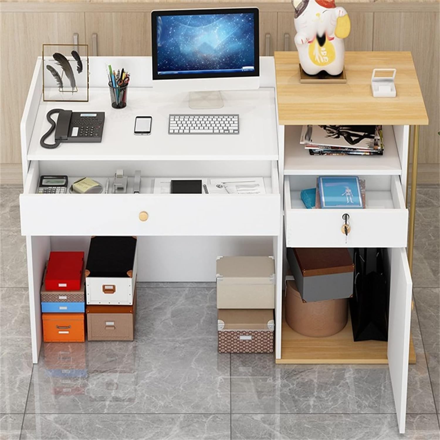 Bancone Reception Ufficio Piccolo, Banco Reception Parrucchiere Moderno Tavolo,Bancone Cassa per Negozio con Cassetti Chiudibili a Chiave per Ufficio(Printed color,120x40x90cm)