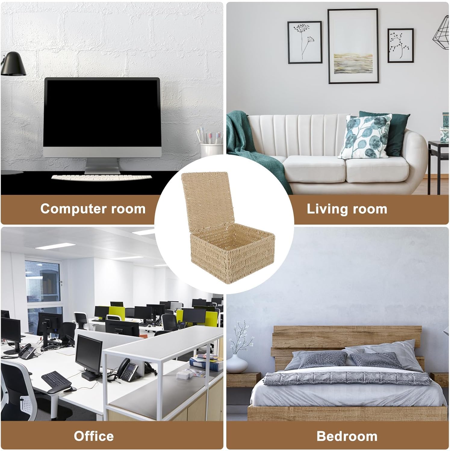 Desktop Storage Basket Organizer with Lid Large Capacity Sturdy Paper Ropе and Iron Material Wear-resistant Home Decoration Basket for Dorm and Office Use