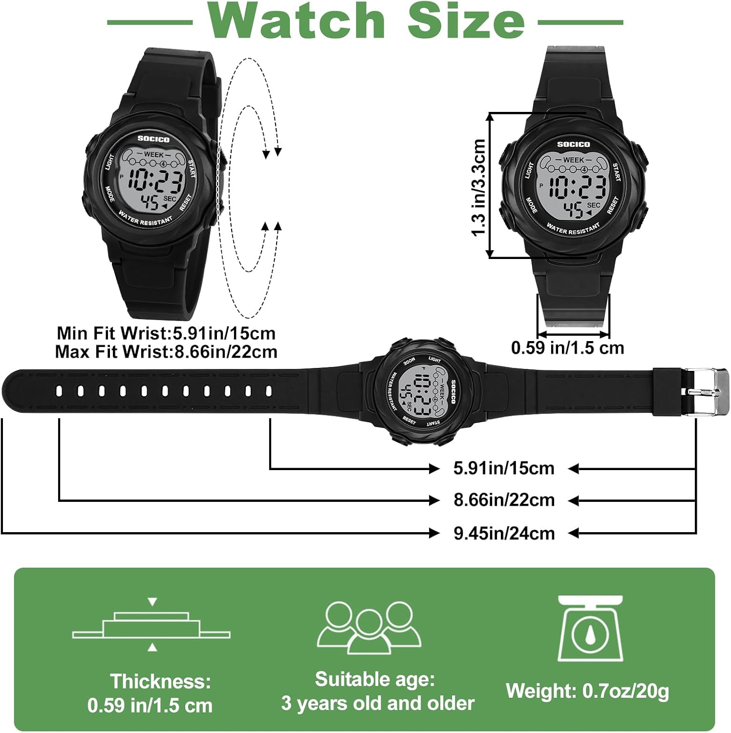 SOCICO Kids Digital Watch 50M Waterproof & 7 Color Lights for Boys Girls