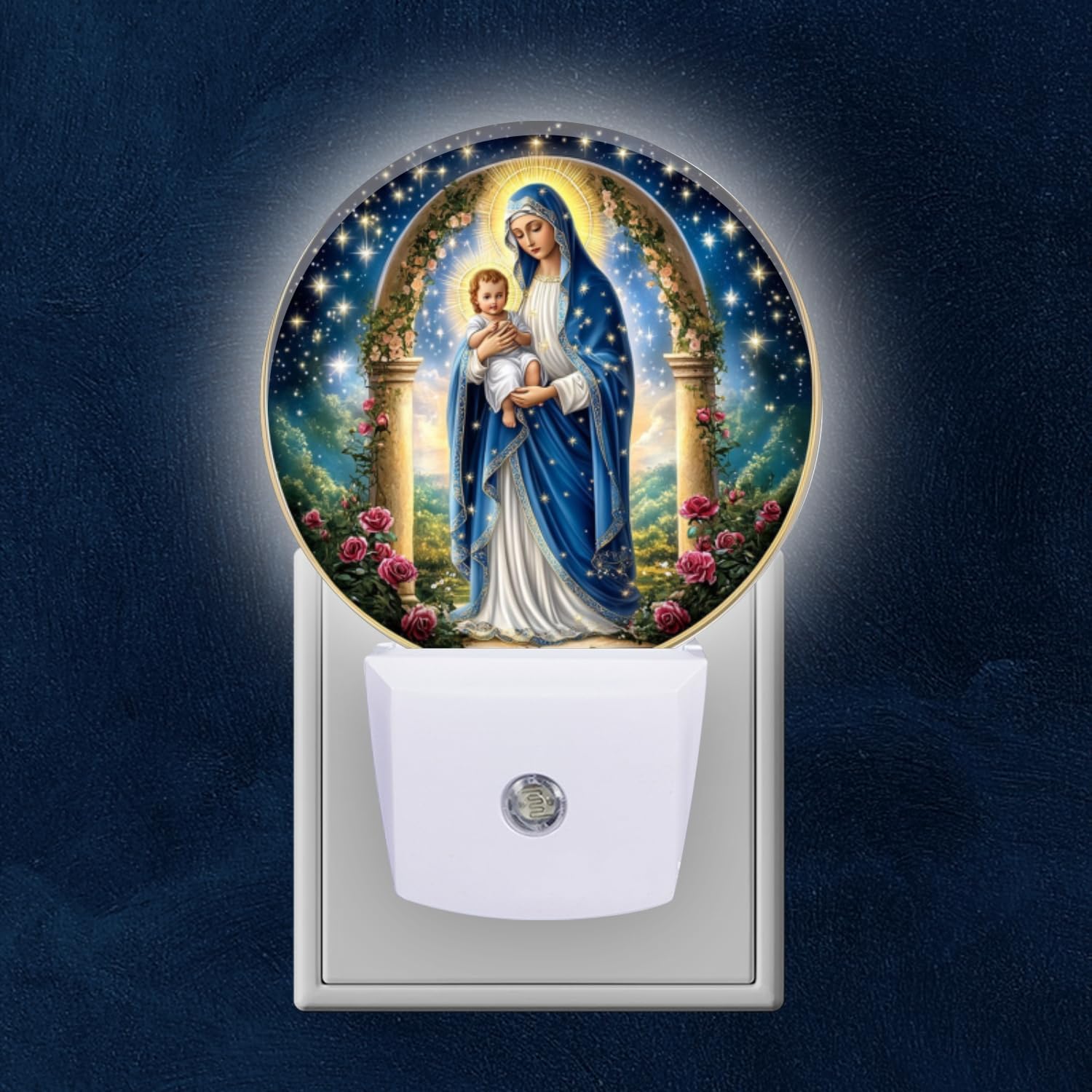 Round LED Night Lights Lamp with Dusk to Dawn Sensor, Mary Holding The Baby Jesus in Arms Night Light Plug Into Wall for Kids Room, Bedroom, Bathroom, Kitchen, Hallway