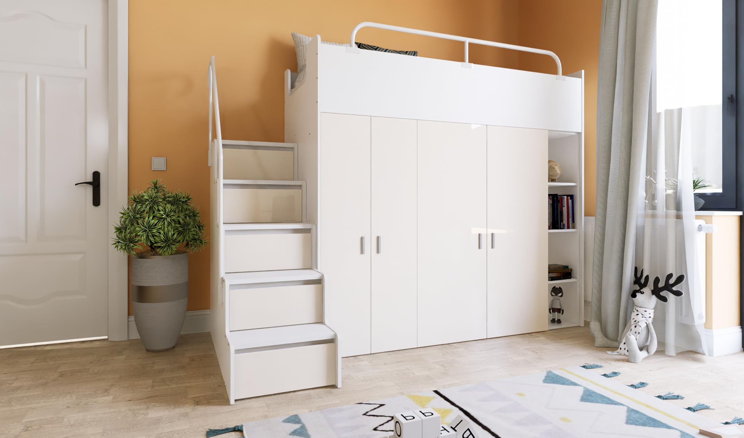 Funkcjonalne Wszechstronne Piętrowe Łóżko JSM-2 80x190 Ze Schodami Nowoczesny Młodzieżowy Unikalny Styl Idealne Do Pokoju Dziecka (Grafitowy Połysk)
