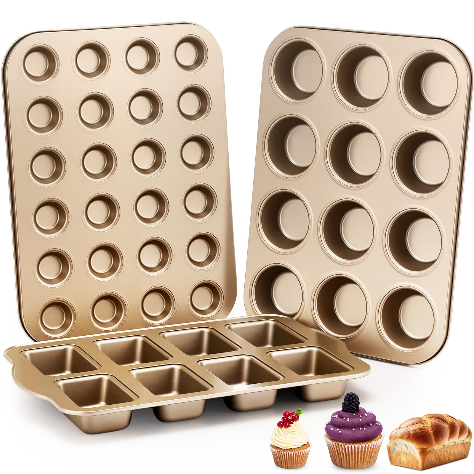 Honeydak 3 Pack Mini Muffin Pan Cupcake Baking Pan 8 cavity,12 cup and 24 cup Nonstick Round Muffin Tin Baking Tray Set for Brownie, Carbon Steel(Gold)(Gold)