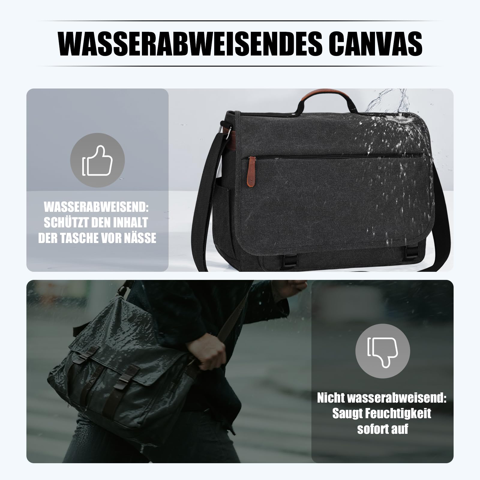 Eshow Umhängetasche Herren Wasserabweisend, Laptoptasche 15,6 Zoll aus Echtleder und Canvas, Messenger Bag Arbeitstasche Schultertasche Vintage für Arbeit Uni Freizeit Büro Schwarz