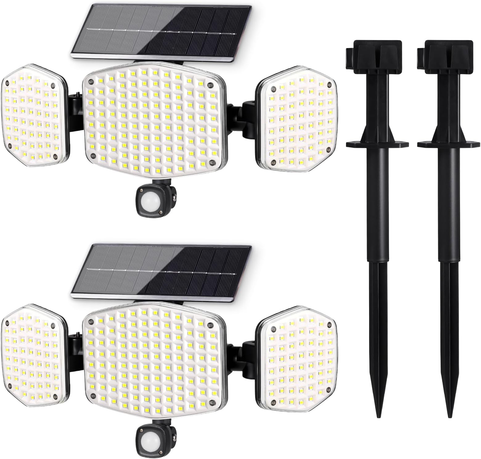 Solar Motion Sensor Outdoor Lights with Stakes, In-Ground or Wall Mount, 270° Wide Angle Illumination, 208 LED Solar Powered Security Flood Lights, IP65 Waterproof, 2 Pack