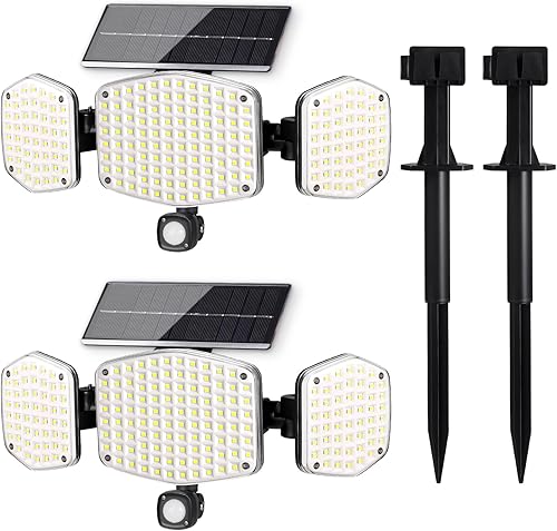 Luces solares para exteriores con sensor de movimiento con estacas, montaje en suelo o pared, iluminación gran angular de 270, 208 luces LED de