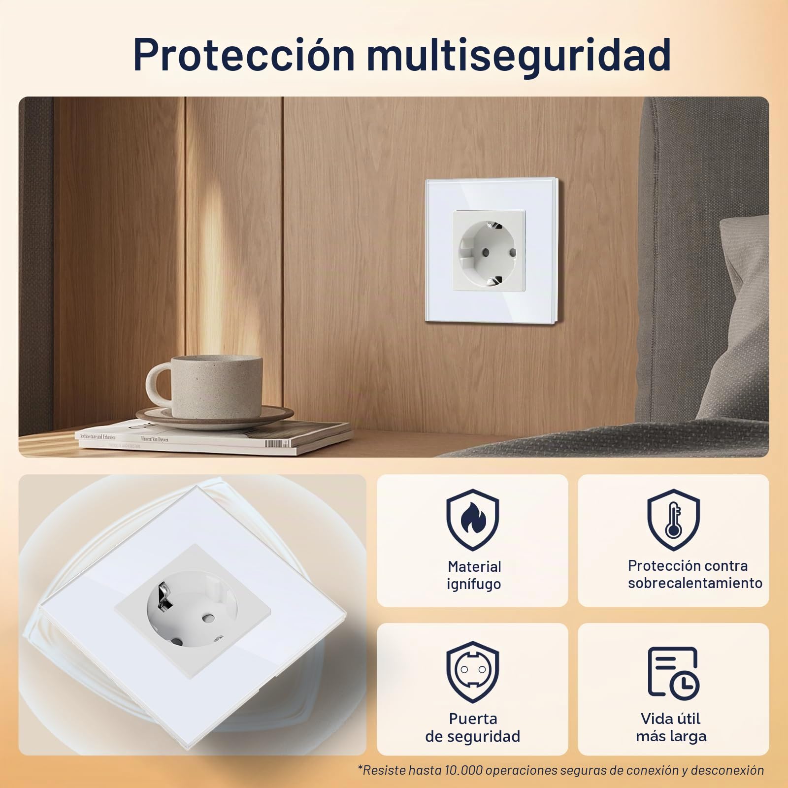 BSEED Enchufe de Pared,Schuko Enchufe Simple con Panel de Cristal Blanco,16A 250V Toma de Corriente Simple,1 Gang Enchufes de Extensión para Cocina,Dormitorio,Oficina,Hotel,etc-86mm*86mm