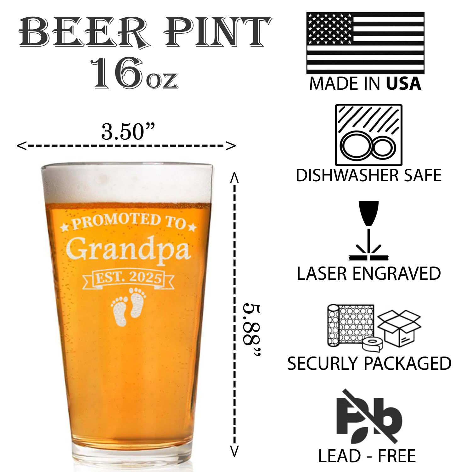 CARVELITA Promoted To Grandpa Est 2025 Beer Glass, 16oz Engraved Beer Pint, Gifts For New Papa, New Grandfather Gifts For Men, First Time Grandpa Gifts, Papa To Be Gifts, For Father's Day