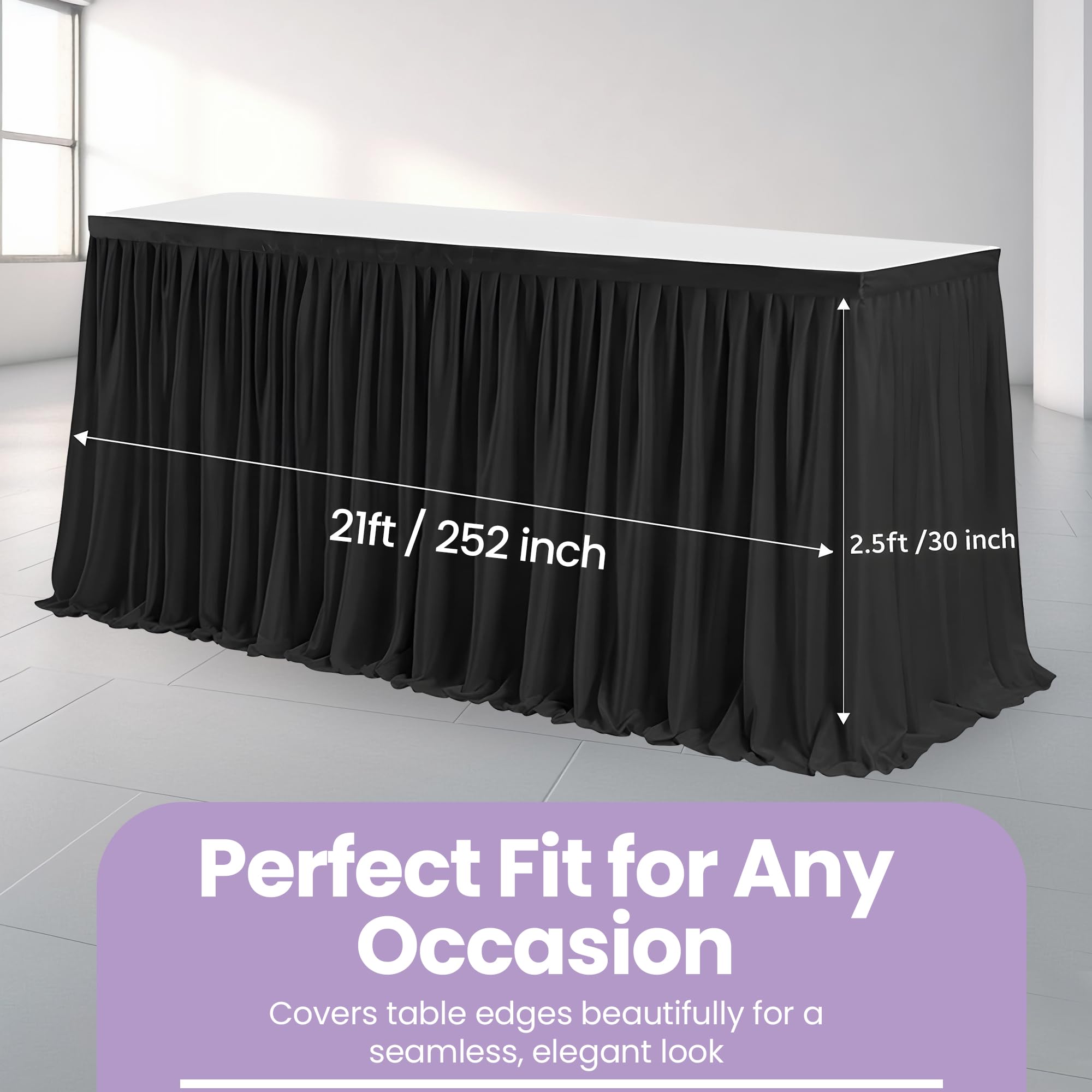 EVENT DECOR SHOP Czarna spódnica stołowa 6,4 m – plisowana poliestrowa spódnica stołowa na prostokątne stoły, elegancki obrus na wesela, imprezy, baby shower, wydarzenia, bankiety i wystrój domu