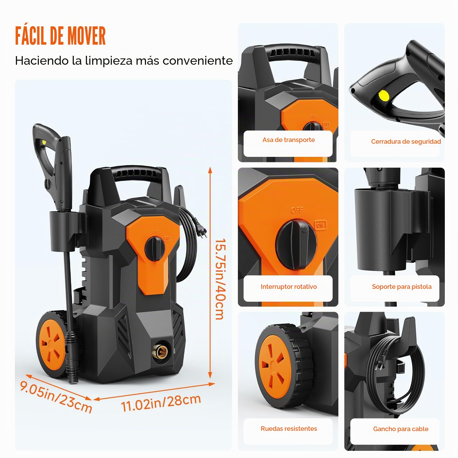Hidrolimpiadora de Alta Presion, 1600W 140Bar Presión de Trabajo, Caudal 420L/H, con Boquilla Ajustable Pistola y Manguera de 8M Cable de 2M, con Boquilla de Espuma, para Coches, Vallas, Patios, Hogar