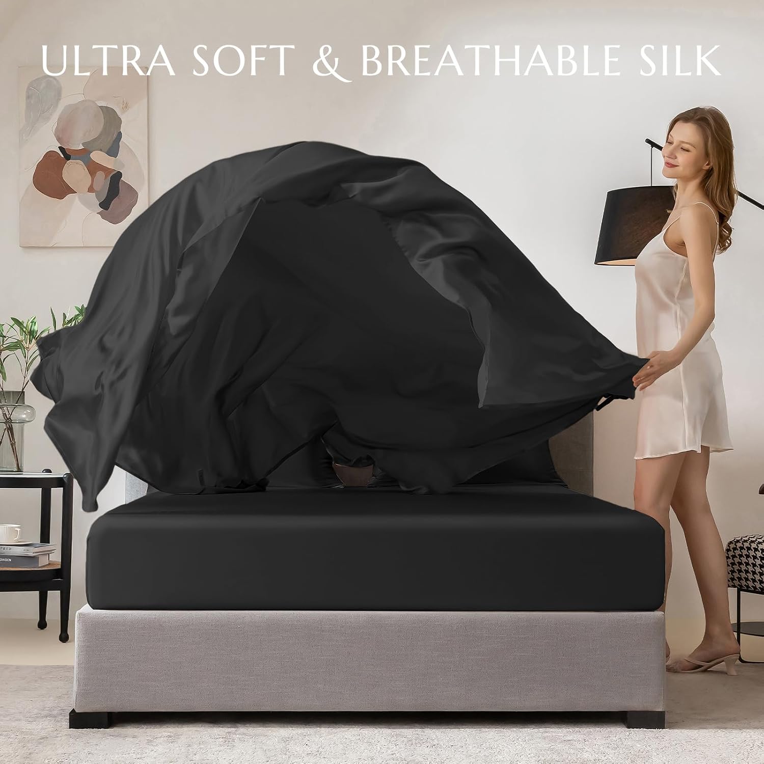 THXSILK Pure Silk Flat Sheet, 100% 7A+ Silk Bedding Flat Sheet, Ultra Soft, Breathable, Wrinkle - Free, Easy Care, Black, Queen