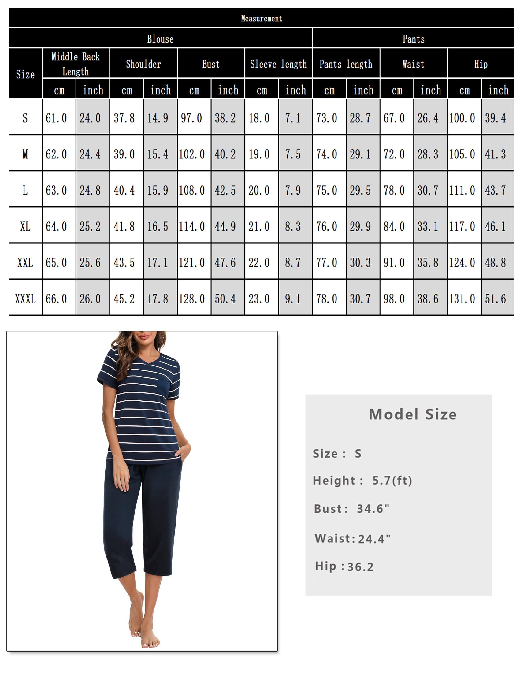 Pyjama Femme Été Coton Ensembles de Pyjama à Rayé 2 Pièces Vêtements de Nuit Col en V Pyjama Court Doux T-Shirt Manche Courte et Pantalon Capri S-XXL