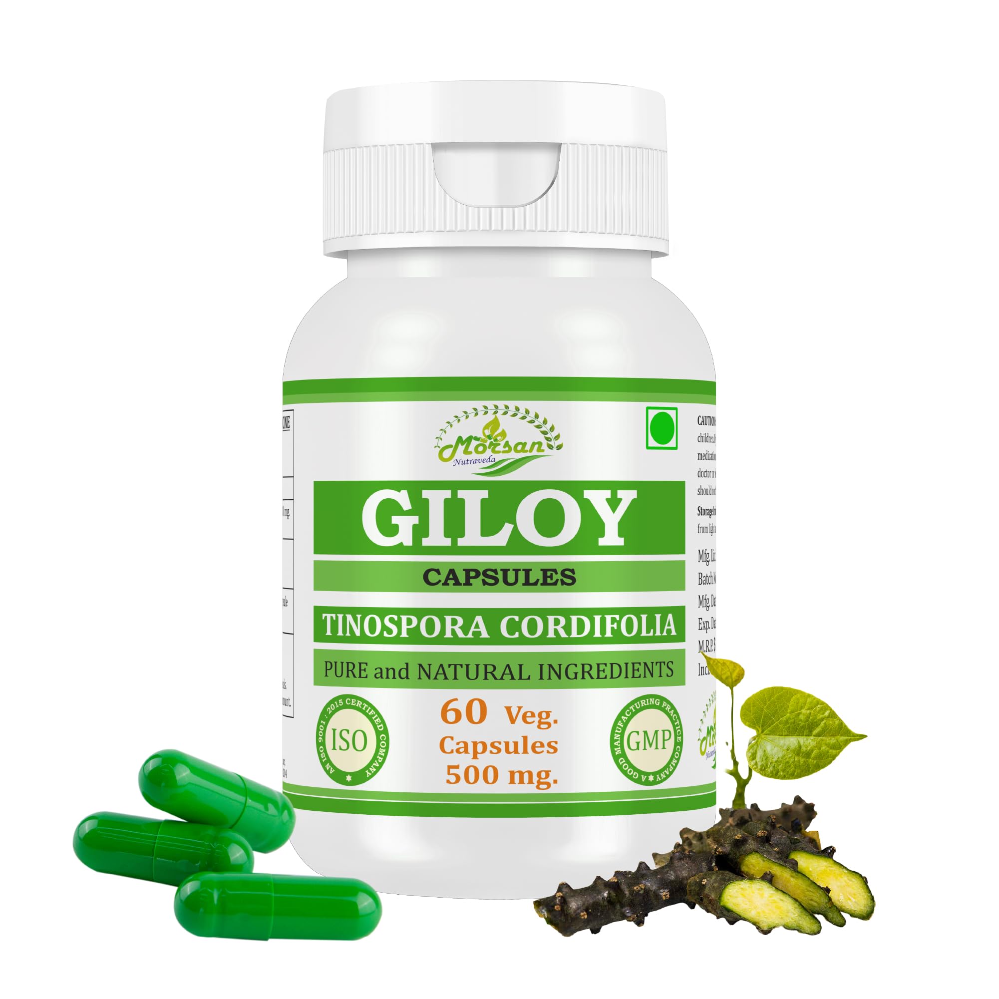 Giloy-Kapseln 500 mg. 60 Veganer. Einheiten | Guduchi (Tinospora Cordifolia) Extrakt-Kapseln für Männer und Frauen | Ayurvedische Kräuterergänzung/Heilmittel | 10:1 Stärke (2 Flasche mit 60 Kapseln)