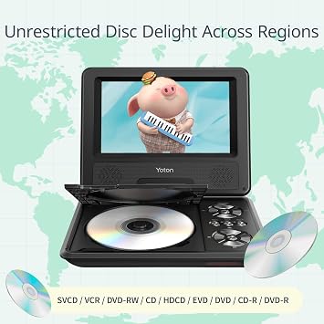 YOTON 9.5 Portable DVD Player for Kids and Car, 7.5 Swivel HD Screen with 4-6 Hours Built-in Battery, Support Sync Screen to TV, Support SD Card/USB/Multiple Disc Formats