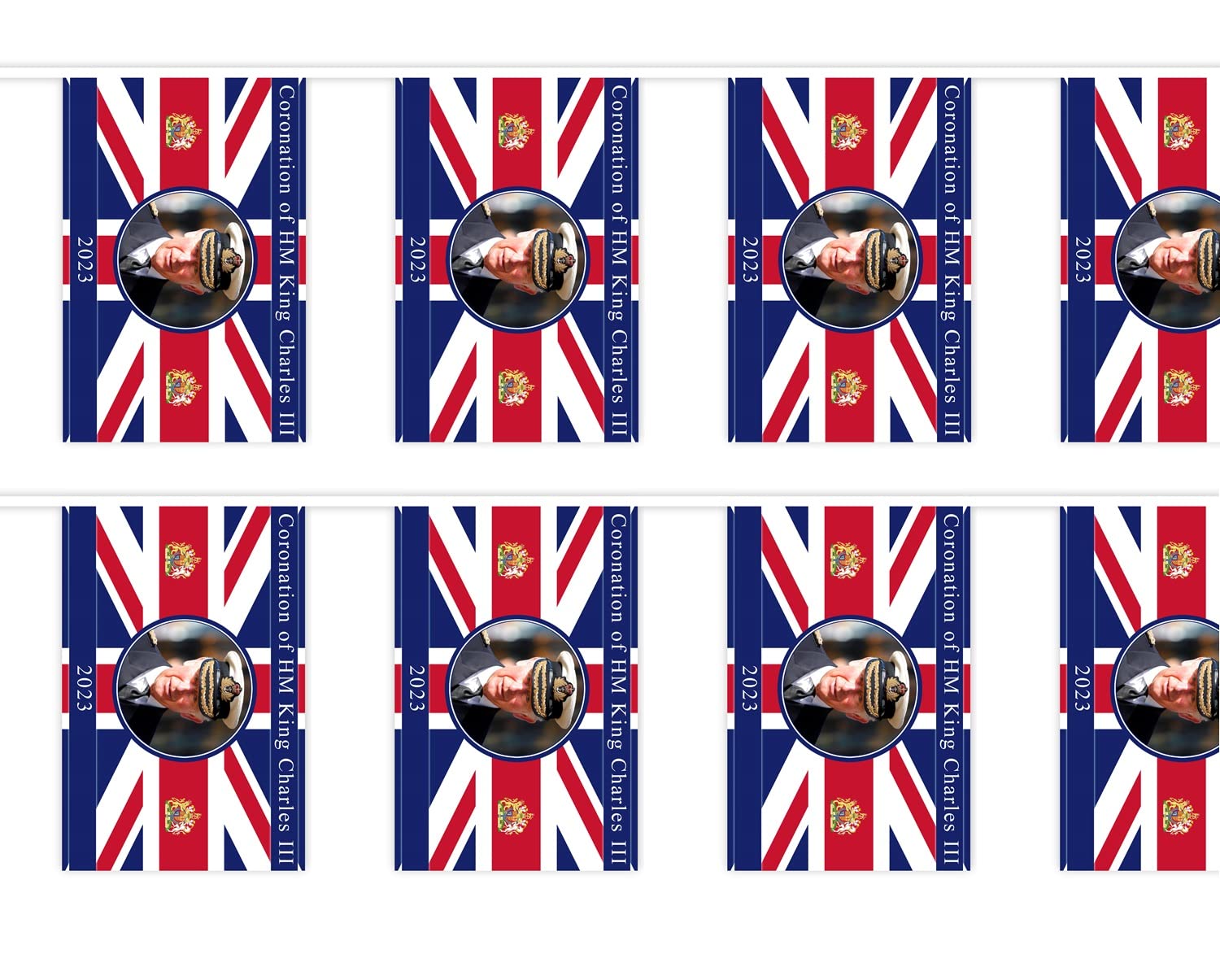 Large Polyester 20m/66ft Bunting King Charles III Portrait 48 Union Jack Flags King's Coronation Celebration Banner Royal Family UK British Street Party Decoration