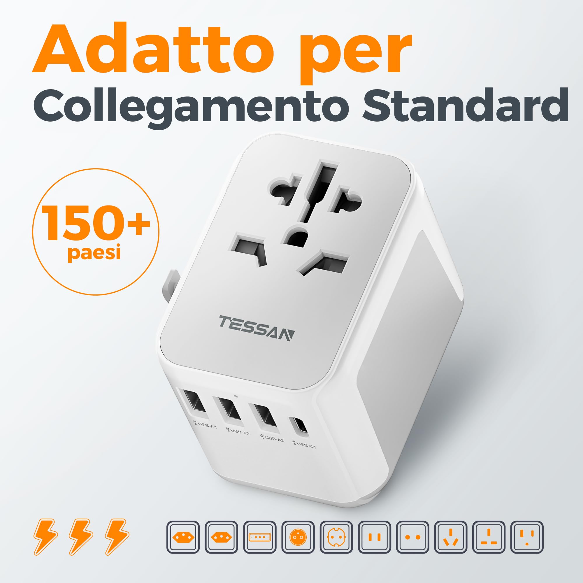 TESSAN Adattatore Universale da Viaggio, Presa Universale da Viaggio con 3 USB A e 1 USB C, Adattatore Spina Internazionale per Americana USA Giapponese UK Inglese Australia Messico Tailandia