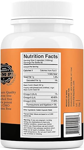 Miniatura 2 de Cápsulas de aceite de semilla negra pura de 1000 mg por porción, 120 cápsulas, prensado en frío y sin OMG