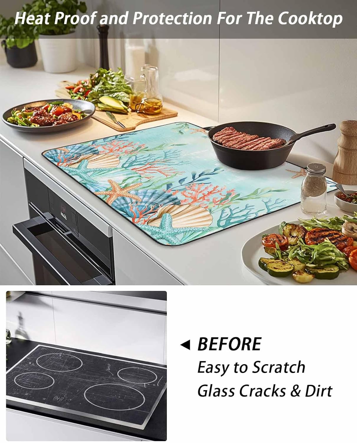 Stove Top Cover Shell Starfish Stove Cover for Electric Stove Top Ocean Coral Marine Life Green Glass Cooktop Covers Anti-Slip Mat Heat Resistant Countertop Protector Kitchen Decor 28.5"x20.5"