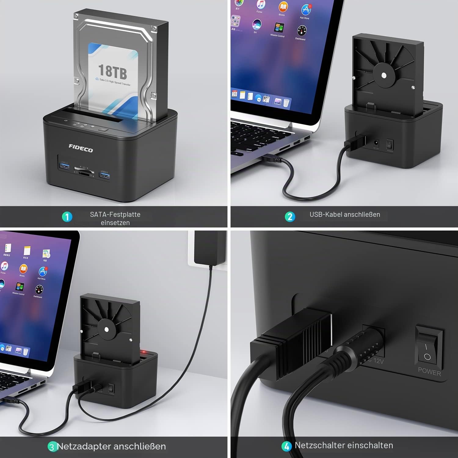 FIDECO Docking Station für 2 SATA-Festplatten, USB 3.0, Klonfunktion, 2,5-Zoll- und 3,5-Zoll-Festplatte, SSD, SATA-Festplatte