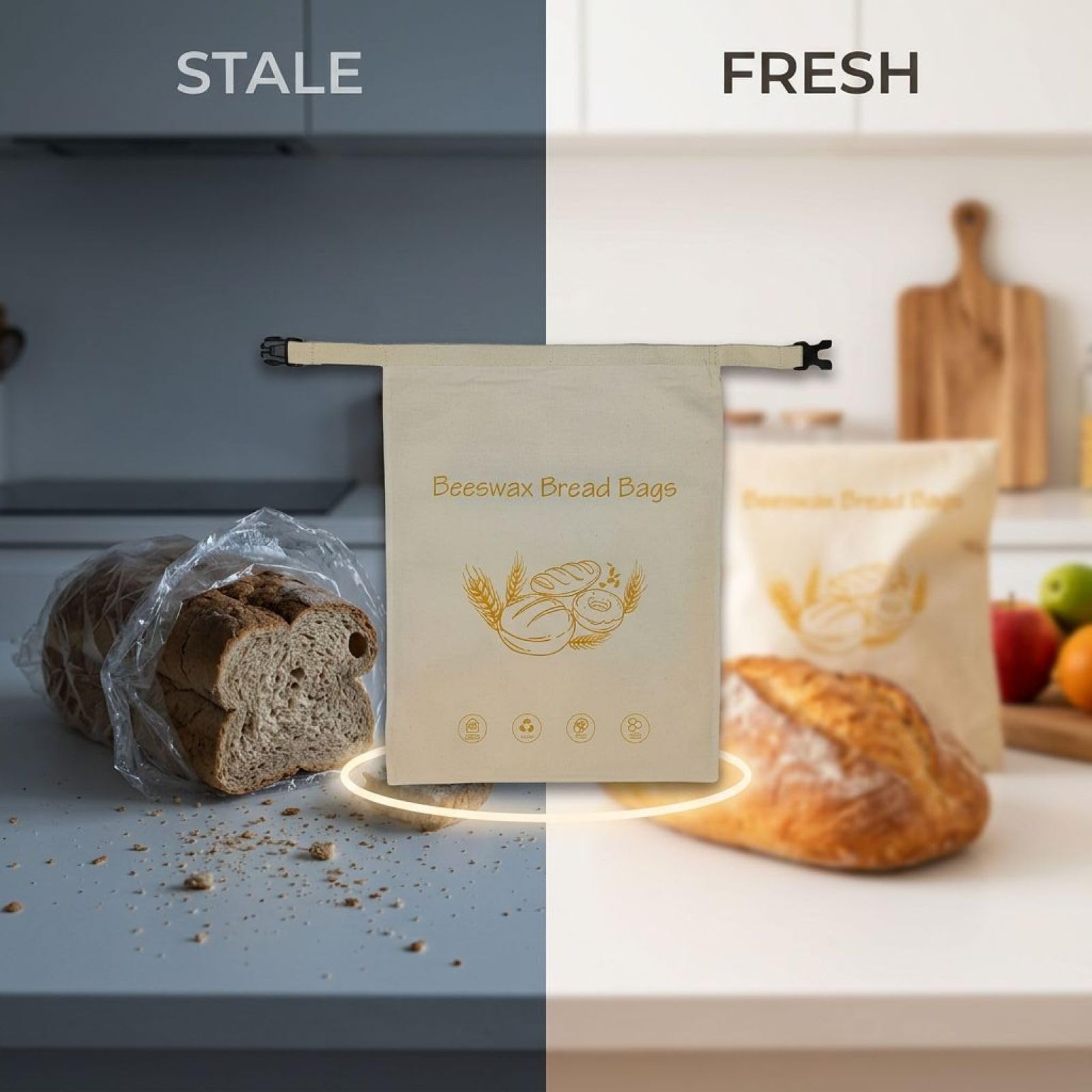 2 Stk Bienenwachsbrotbeutel, wiederverwendbare Brotaufbewahrungsbeutel mit Schnalle, hält Brot länger frisch, 7,1 x 5,1 x 2,4 in, beige, für hausgemachtes Sauerteigbrot