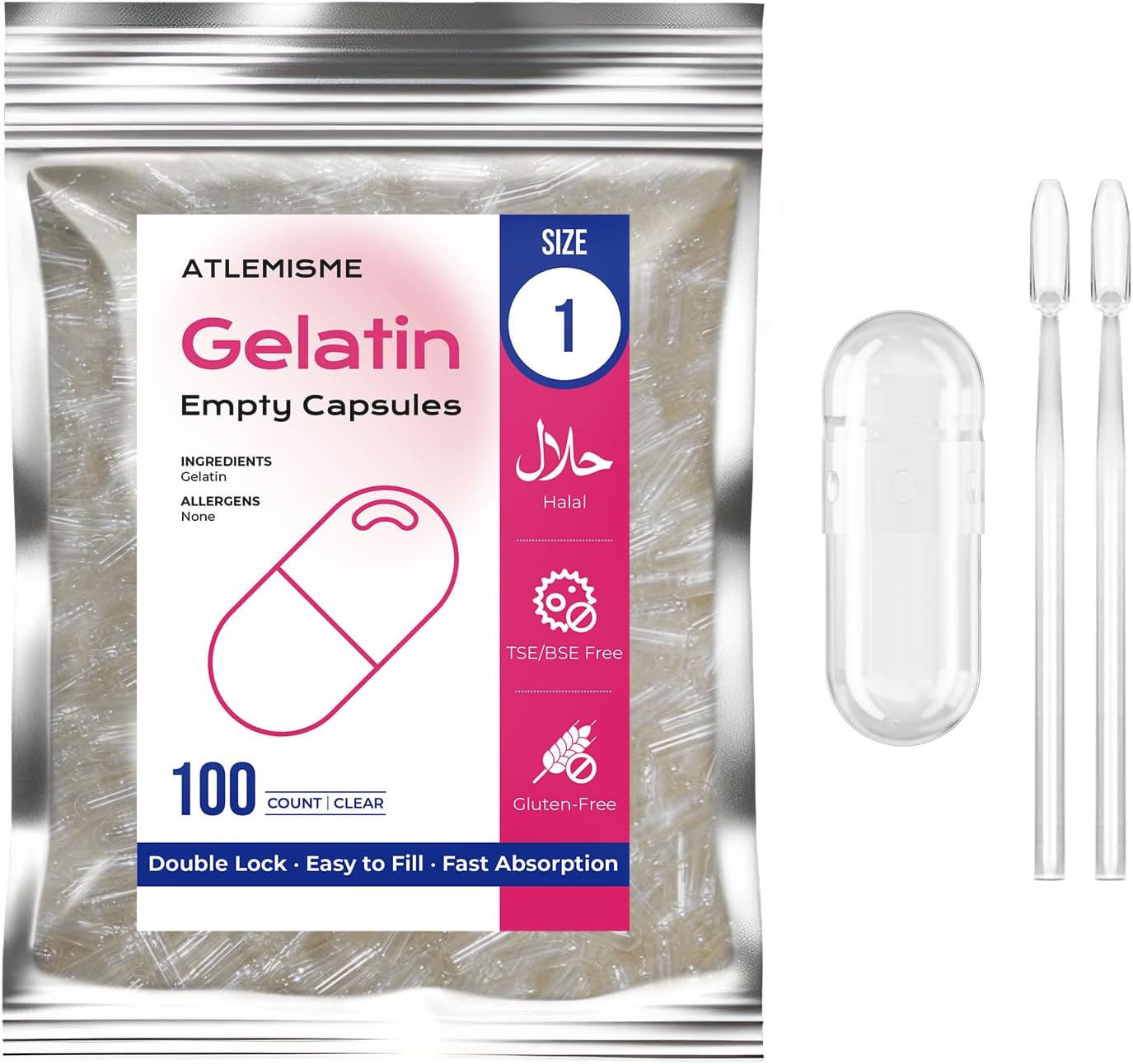 Empty Gelatin Capsules Size 1 (100 Count) – Gel Caps for DIY Filling with 2 Micro Lab Spoons