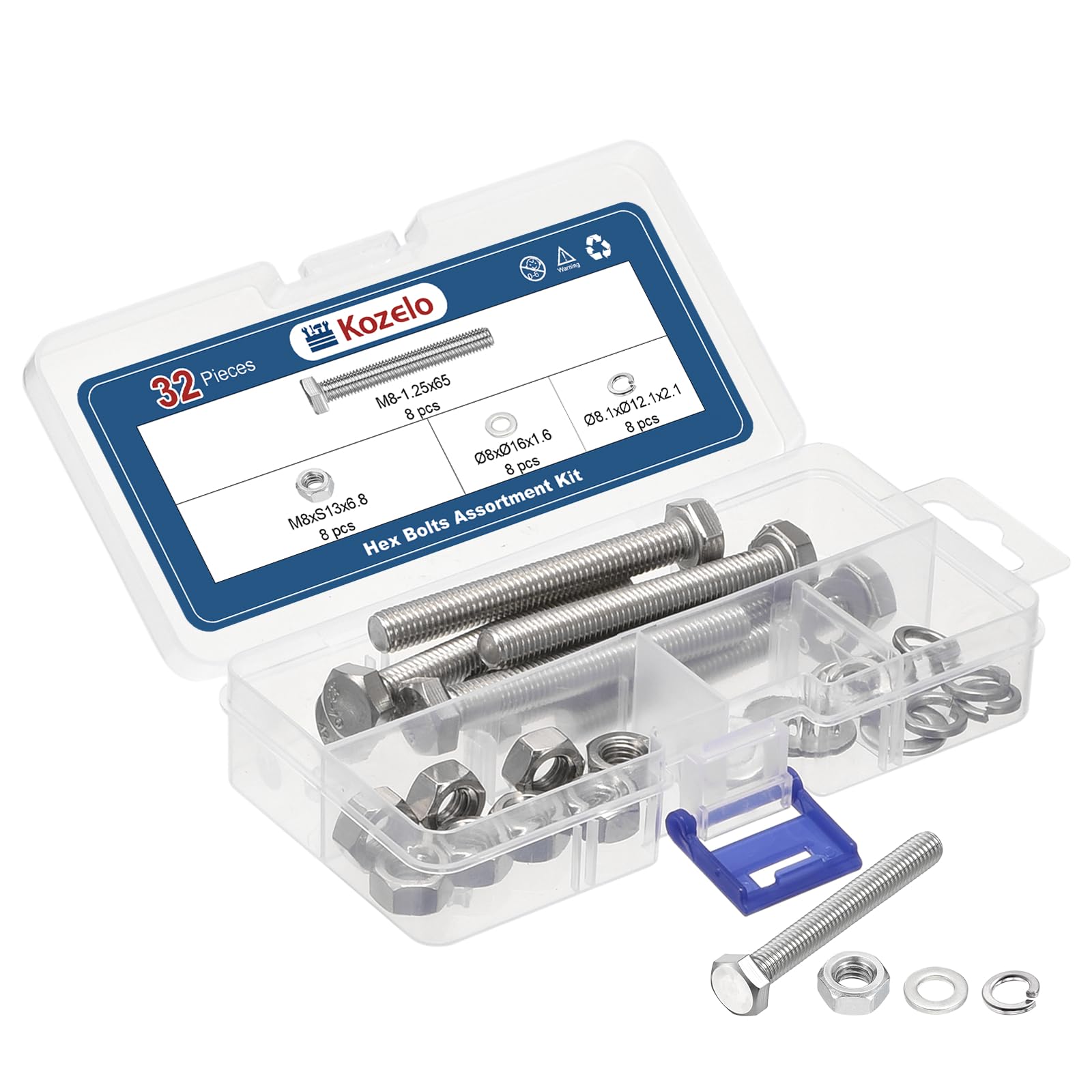 Kozelo 32 Pcs Bolts and Nuts Washers Kit - [M8-1.25x65] 304 Stainless Steel Hex Tap Bolt Assortment Fully Threaded Hexagon Head Machine Bolts Right Hand External Hex Drive, Silver Tone — image 1