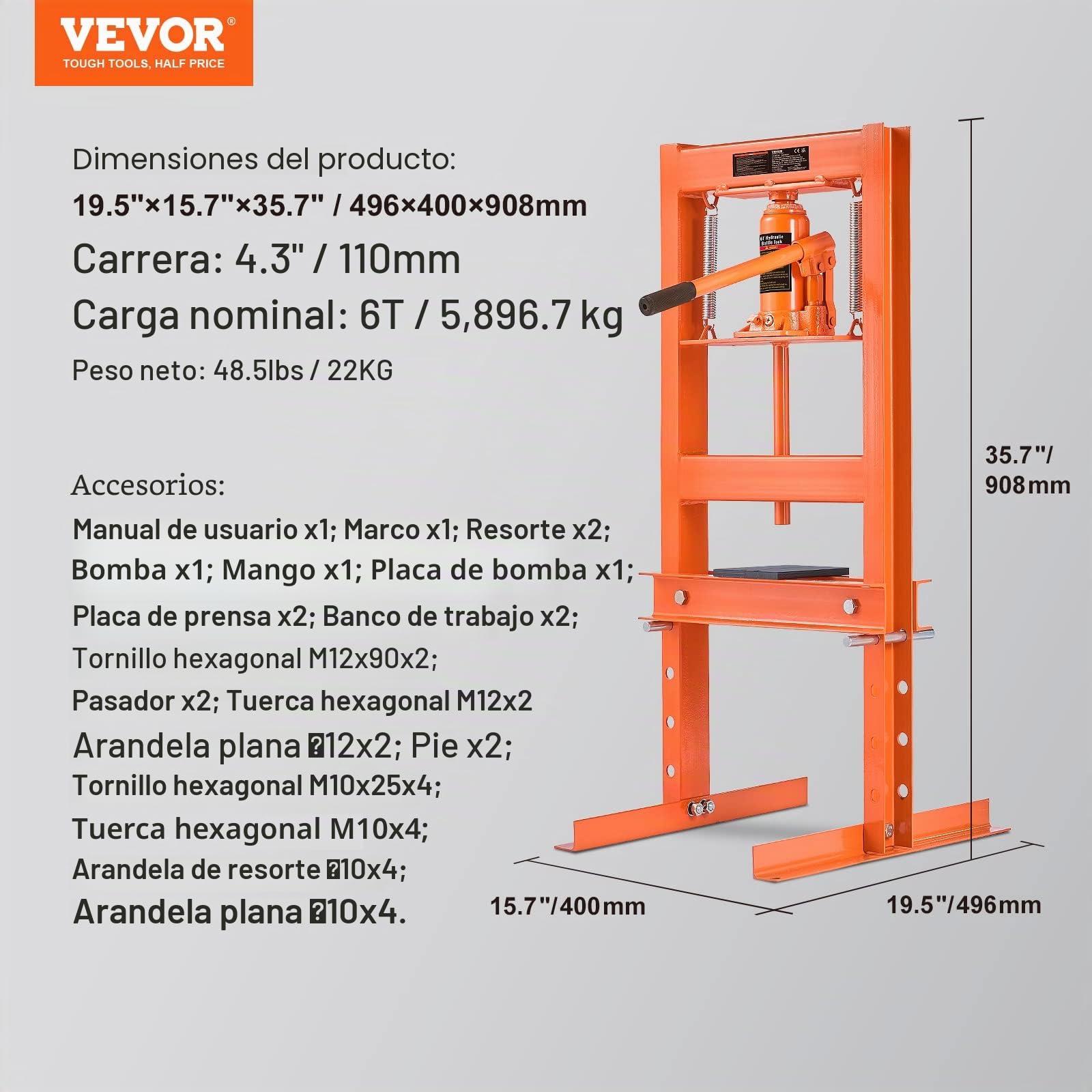 VEVOR Prensa Hidráulica para Taller Prensa Hidráulica para Garaje/Tienda con Marco en H de 6 T Prensa Ajustable para Taller con Placas de Prensado Prensa Hidráulica de Alta Resistencia para Garaje