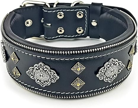 Bestia "Aztec Black Genuine Leather Big Dog Collar. Unique Rivet Design. Soft Padded