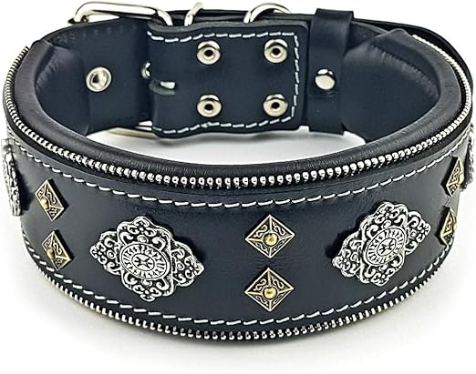 Bestia "Aztec Black Genuine Leather Big Dog Collar. Unique Rivet Design. Soft Padded