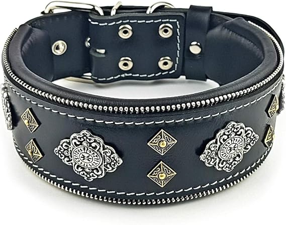 Bestia "Aztec Black Genuine Leather Big Dog Collar. Unique Rivet Design. Soft Padded