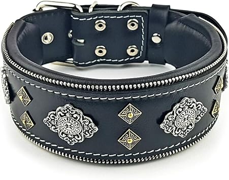 Bestia "Aztec Black Genuine Leather Big Dog Collar. Unique Rivet Design. Soft Padded