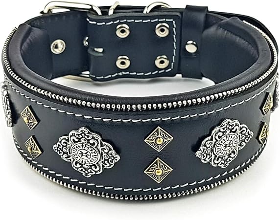 Bestia "Aztec Black Genuine Leather Big Dog Collar. Unique Rivet Design. Soft Padded