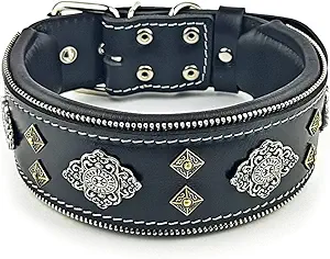 Bestia "Aztec Black Genuine Leather Big Dog Collar. Unique Rivet Design. Soft Padded