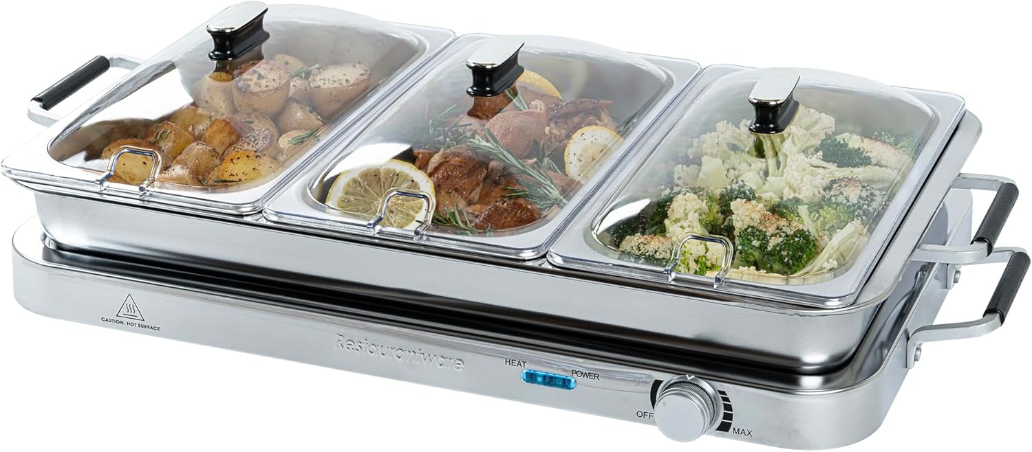 Restaurantware-Kitchen Tek Electric Food Warmer, 1 Buffet Server with Temp Control - Includes 3 x 2.5 Quart Buffet Pans and 1 x 7.5 Quart Warming Tray, Portable, Stainless Steel Chafing Dish Set