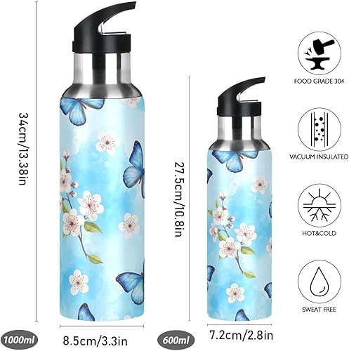 Miniatura 2 de Blue Butterflies Cherry Blossoms Insulated Stainless Steel Water Bottle with Straw 20 Oz, BPA-Free Sports Water Bottle Leakproof Water Bottles