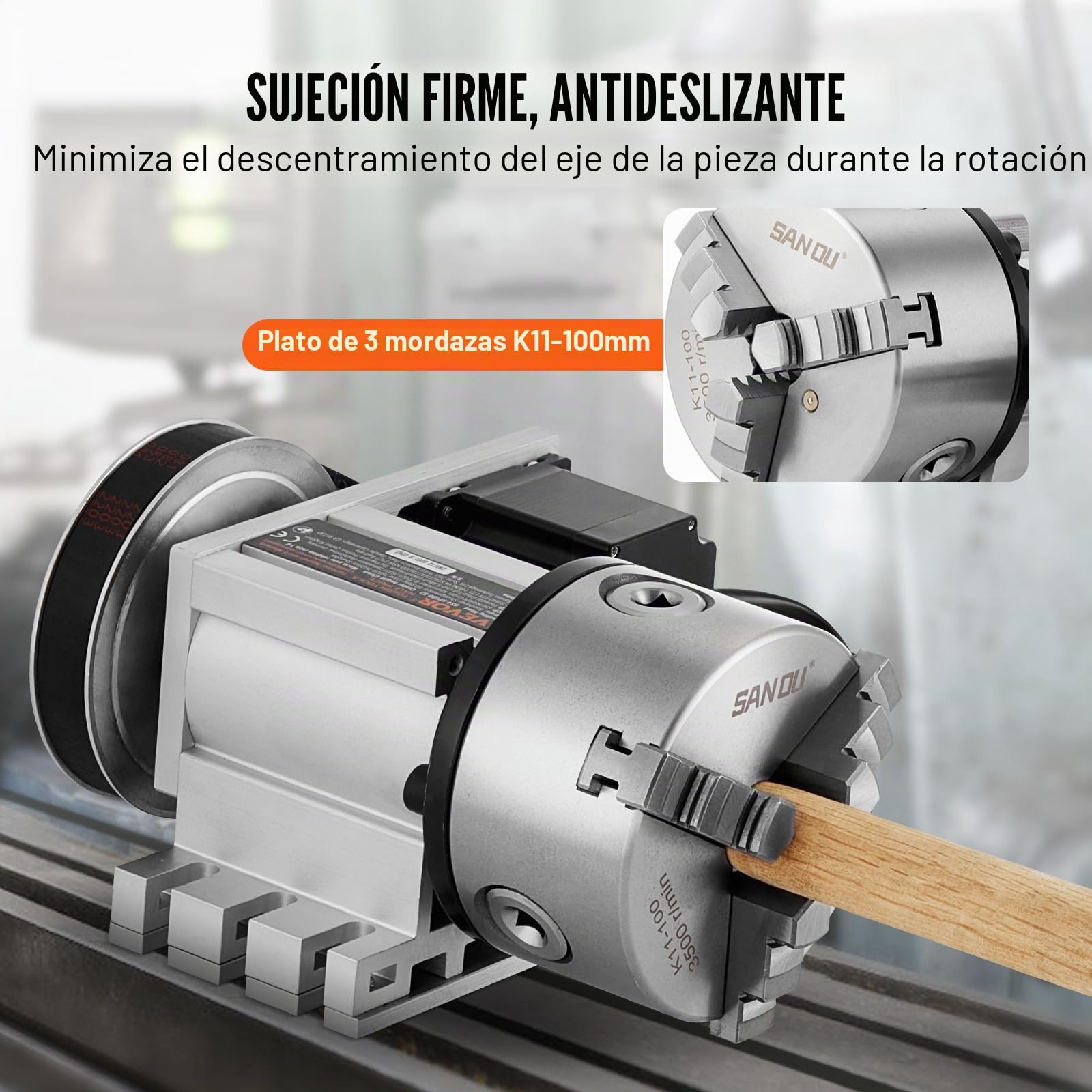VEVOR Cabezal divisorio portabrocas de 3 mordazas K11-100 mm, fresadora CNC eje rotacional, cabezal indexador de eje A, altura central de 2,6"/65 mm, contrapunto MT2, relación de engranaje 6:1