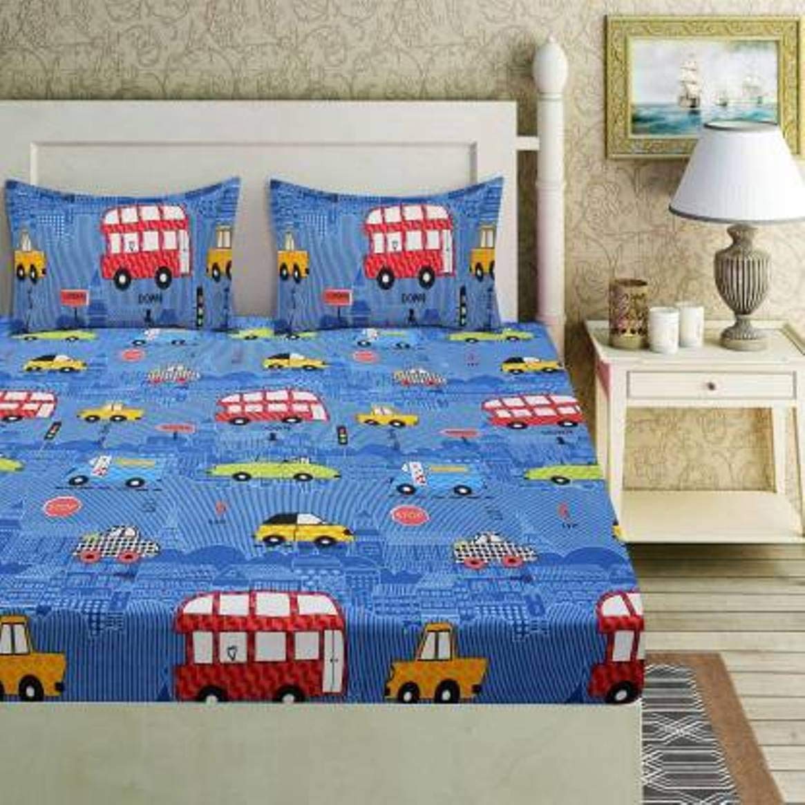 Fablicious Cars and Buses Cartoon Print Bedsheet for Kids Double Bed Boys/Girls - Sheet Size 90 x 100 Inches with 2 Pillow Covers 1