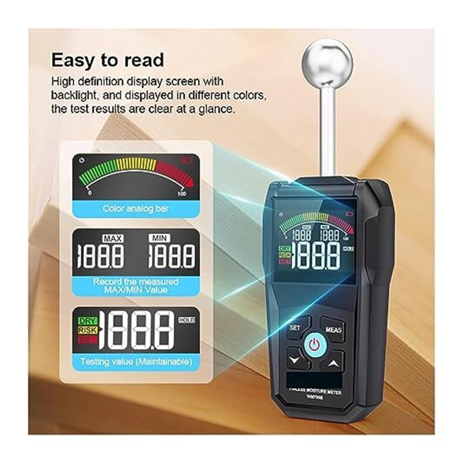 Misuratore digitale di umidità del legno con schermo LCD, tester senza contatto e funzione allarme