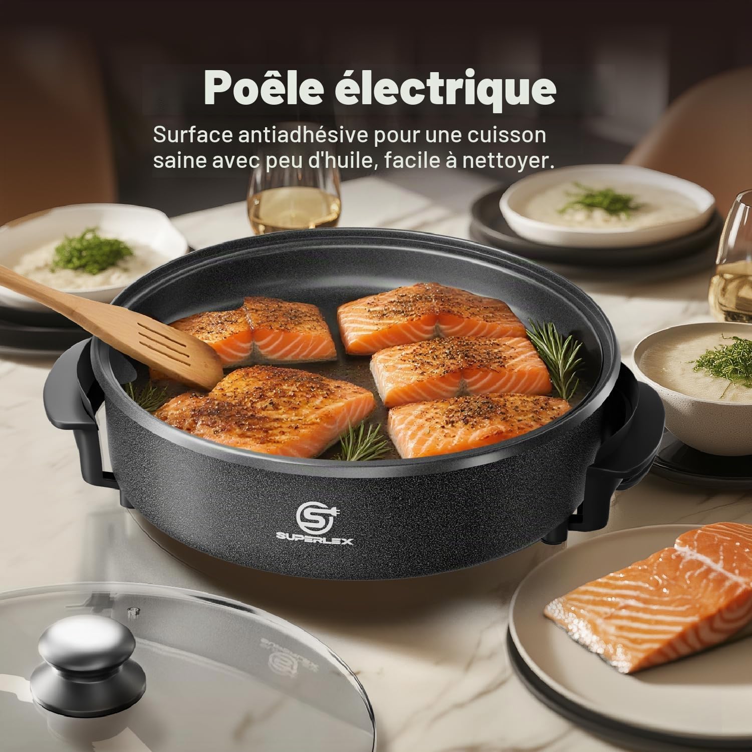 Poêle Multifonctionnelle 30x7 cm, 5,6 Litres Poêle Électrique avec Couvercle 1500W Poêle Électrique à Pizza (42CM)