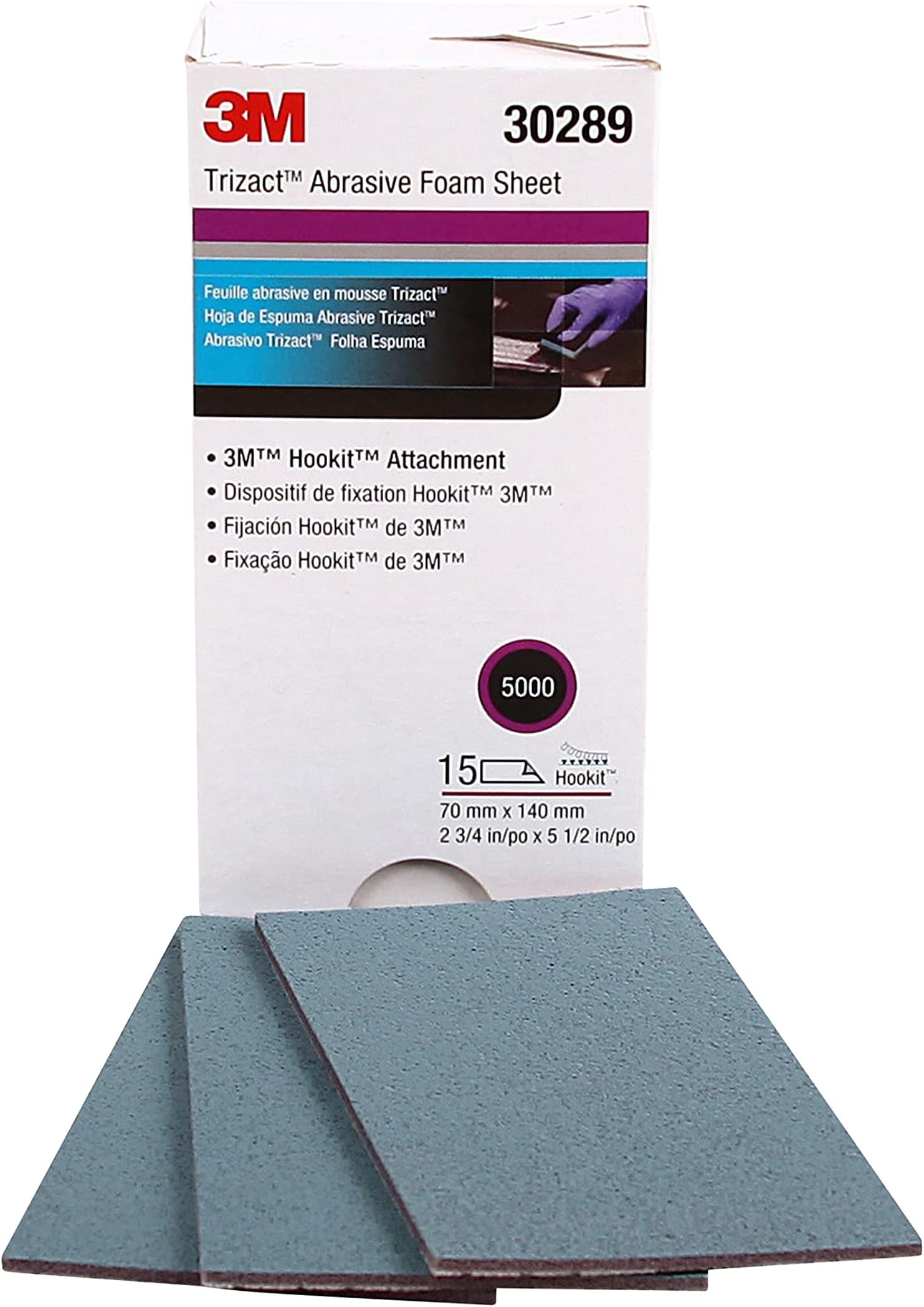 Trizact 3M Hookit Foam Sheets, 30289, 5000, 2-3/4 in x 5 1/2 in (70 mm x 140 mm), 15 sheets per carton (30289-4PK)