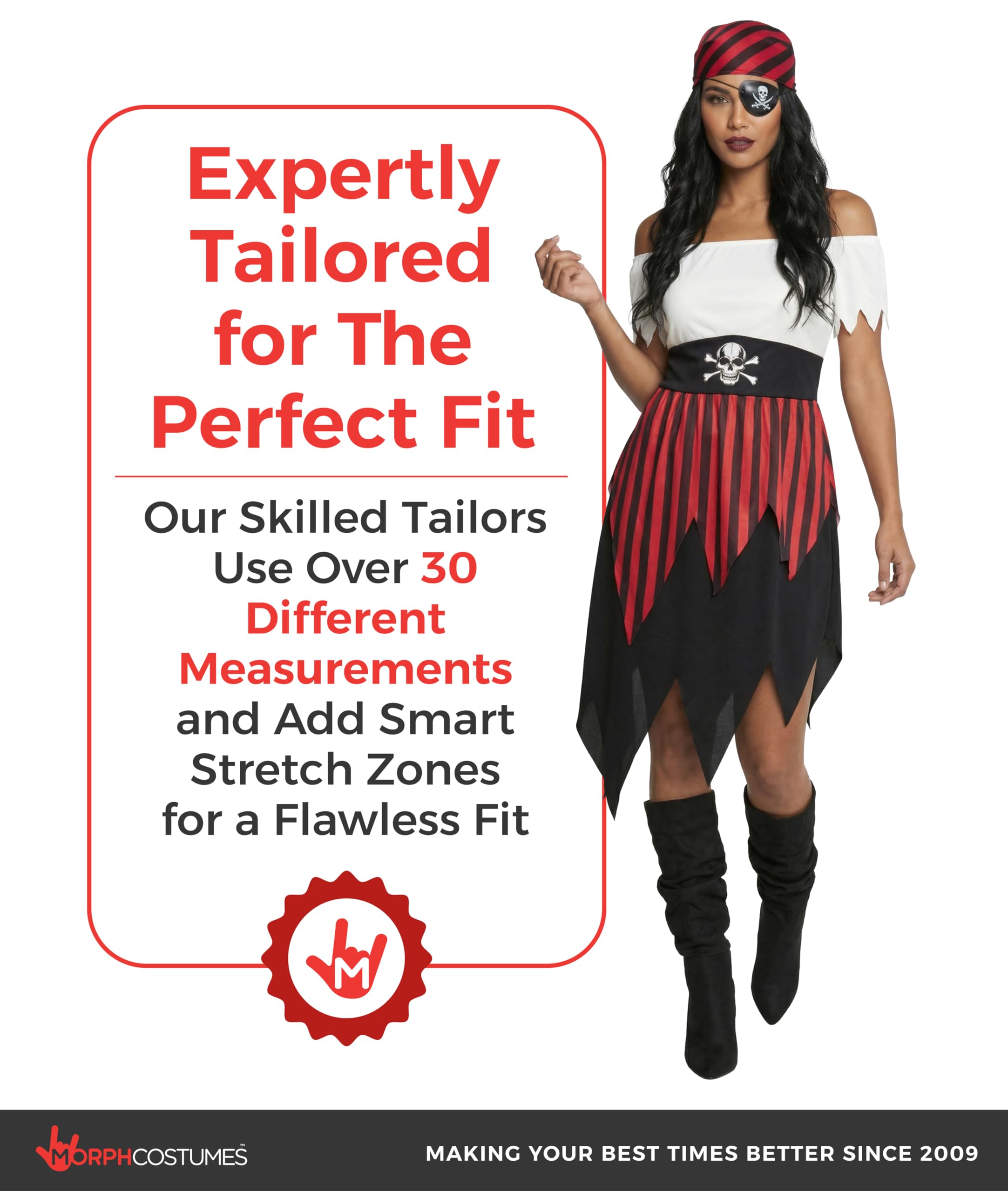 Morph Deguisement Femme Pirate, Costume Flibustiere Halloween Femme | Robe, Bandana & Cache-Œil Assortis, Look de Flibustière, À Enfiler, Parfait pour Halloween, Idéal pour se Déguiser